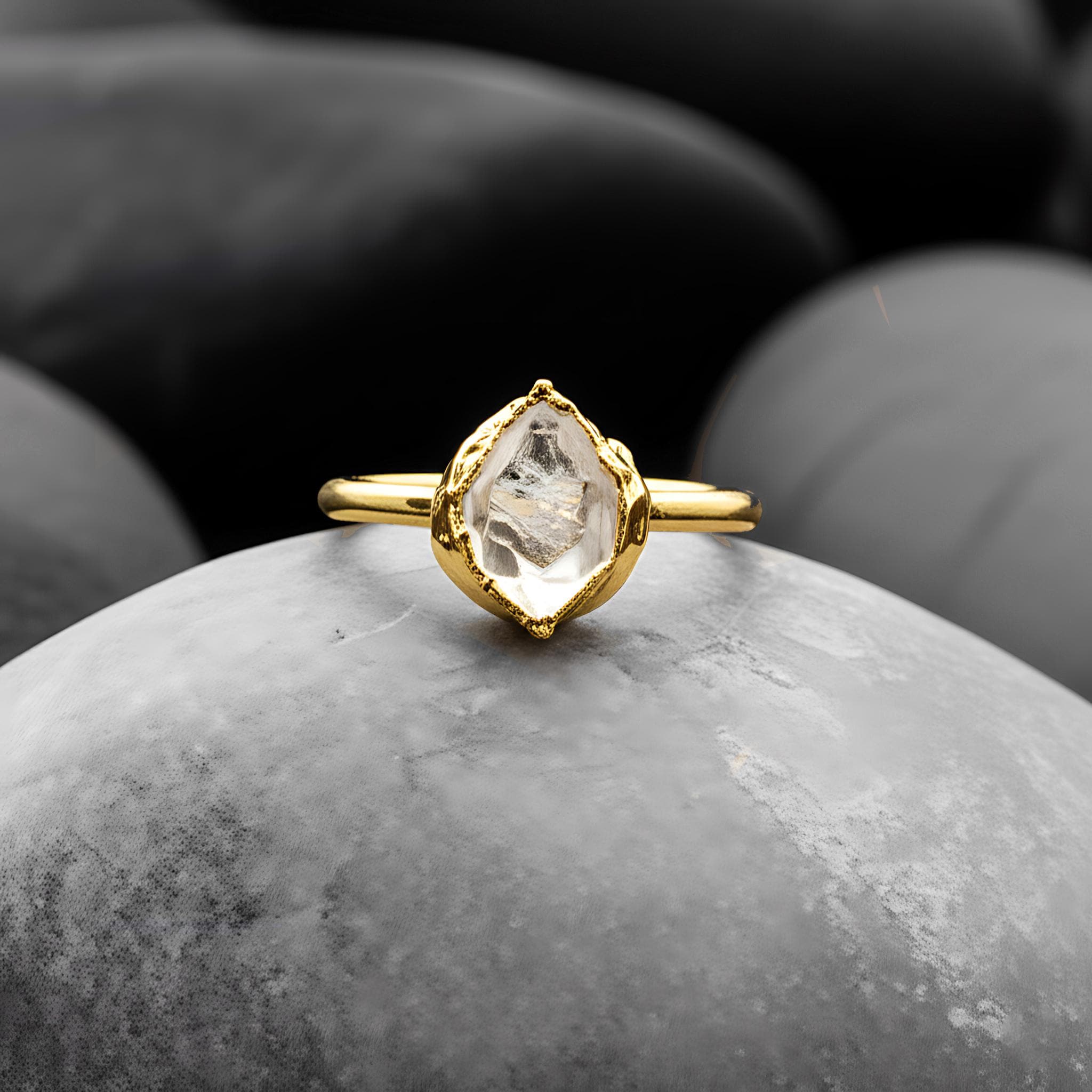 Herkimer Diamond Gemstone Ring - Brass Gold Plated, Adjustable, Handmade Bezel Setting - View #10