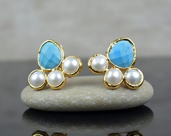 Pearl & Turquoise Stud Earrings \ Flower Stud \ Handmade Jewelry \ Birthstone Earrings \ Screw Back Earring \ Dangle Earrings