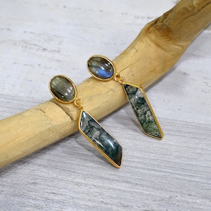 Natural Moss Agate & Labradorite Earrings \ Gemstone Earrings \ Dangle Drop Earrings \ Minimal Jewelry \ Vintage Earrings \ Decent Earrings