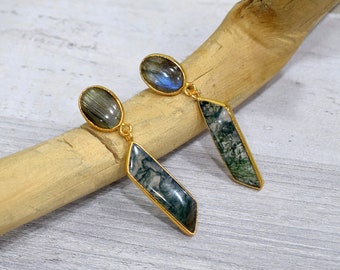 Natural Moss Agate & Labradorite Earrings \ Gemstone Earrings \ Dangle Drop Earrings \ Minimal Jewelry \ Vintage Earrings \ Decent Earrings