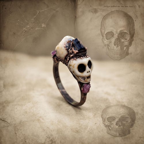 Multi Tourmaline Skull Ring - Rough Stone Horror Ring - Halloween Statement Rings - Stackable Jewelry