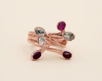 Natural Ruby & Polki Ring - Handmade Branches Design Band - Minimalist Stackable Jewelry