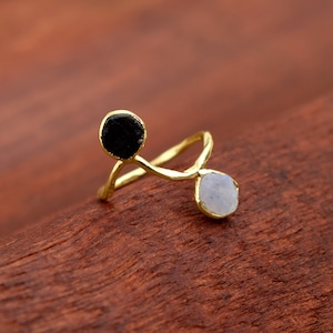 Rainbow Moonstone & Black Tourmaline Ring \ Gemstone Ring \ Ring For Women \ Ring For Her \ Handmade Ring \ Adjustable Ring \ Statement Ring