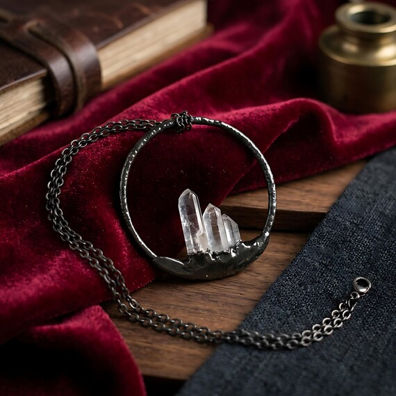 Natural Crystal Gemstone Pendant Necklace | Black Oxidized Copper, Boho