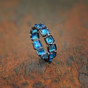 Blue Topaz Eternity Wedding Band | Blue Topaz Band | Princess Cut Band | Anniversary Gift | Channel Ring | Gift For Her | Gemstone Band