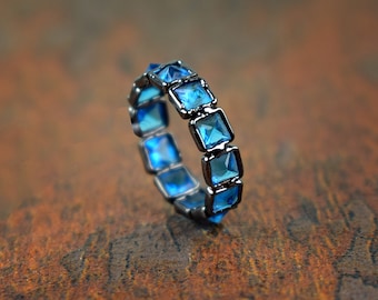Blue Topaz Eternity Wedding Band | Blue Topaz Band | Princess Cut Band | Anniversary Gift | Channel Ring | Gift For Her | Gemstone Band
