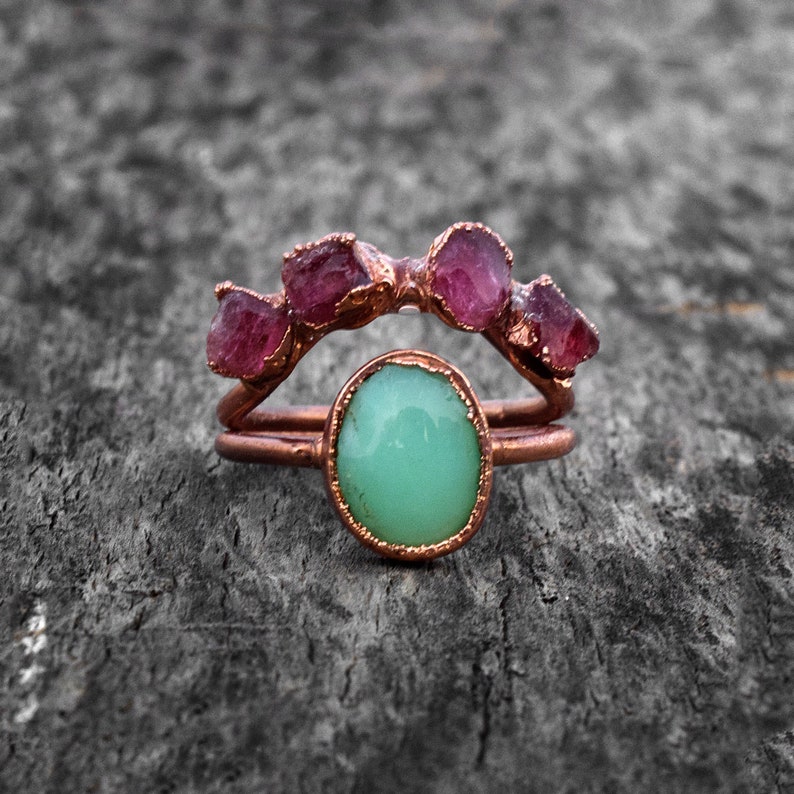 Natural Chalcedony & Ruby Gemstone ring Boho Rings Double Band Ring Antique Rings Birthstone Ring Wedding Ring Statement Ring Copper Antiqu Polish