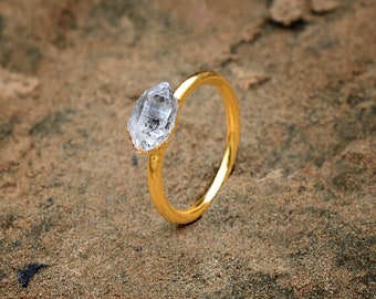 Raw Herkimer Diamond Ring, Gold Brass Gemstone Ring