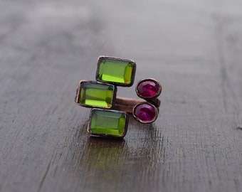 Green Peridot And Garnet Gemstone Ring - Copper Ring - Anniversary Gifts - Handmade Jewelry - Multi Stone Ring - Rings For Women \ Open Ring