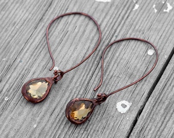 Smokey Quartz Copper Dangle Earrings – Gemstone Drop Handmade Jewelry