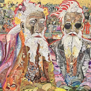 Artwork featuring two men in collage. Modern street art. Unique painting.