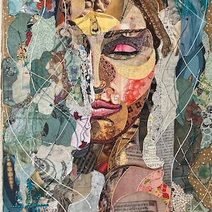 Obra de arte, retrato de mulher, colagens em papelão. Pintura única feita inteiramente à mão.