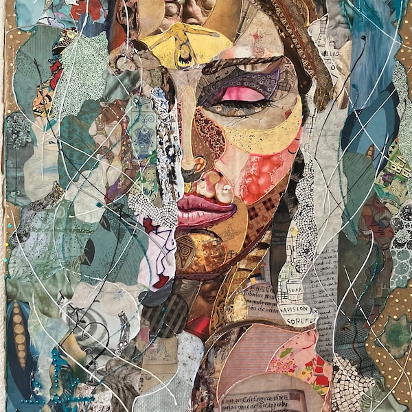 Œuvre d'art, portrait femme, collages sur carton. Tableau unique entièrement fait main.