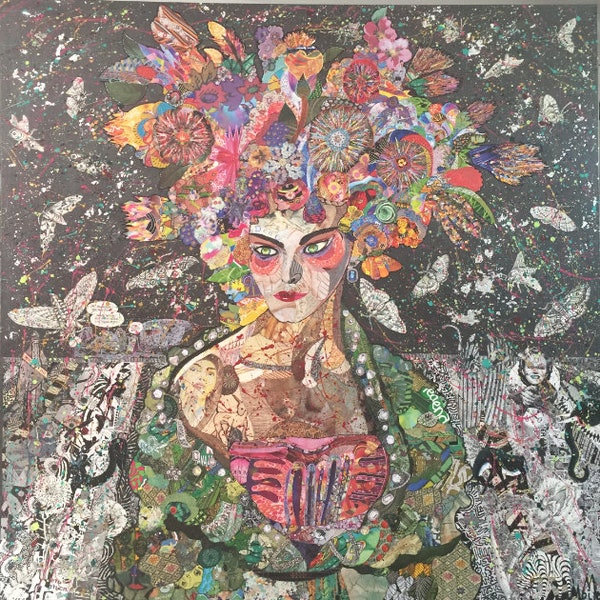 Tableau XL avec collages. Récup'art. Femme avec papillons et fleurs