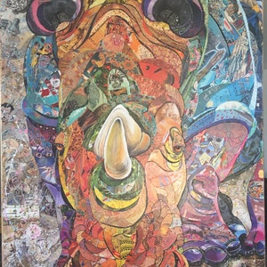 Multi-color rhino painting. Original artwork with rhinoceros. Fantasy rhinoceros art. Rhino by Moira McAinsh
