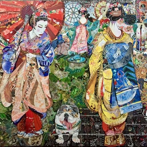 XL artwork with geishas and bulldog. Upgraded Street Art for home decoration