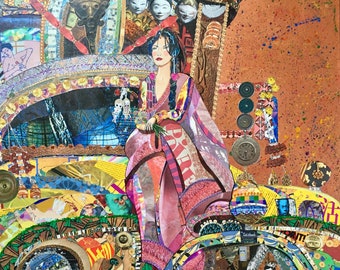 Large artwork with collages and acrylic paint. Street Art