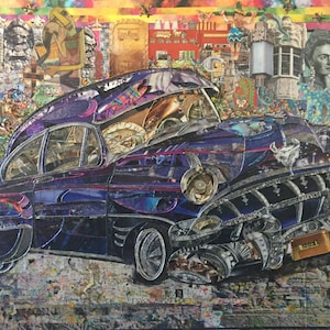 Artwork  with vintage car, street art collages. Example dated and signed