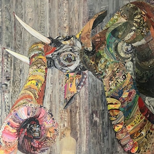 For Sale - Large Orignal Signed Painting. Street Art. Acrylic + Collages . Elephant in perspective