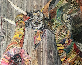 For Sale - Large Orignal Signed Painting. Street Art. Acrylic + Collages . Elephant in perspective