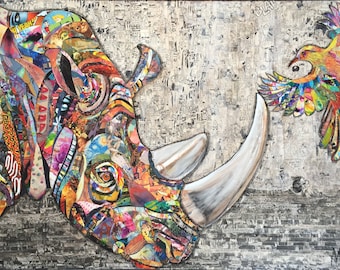 Large artwork, street art with rhinoceros and exotique bird, all handmade