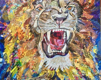 Large artwork with colorful lion. Almost entirely made with collges.