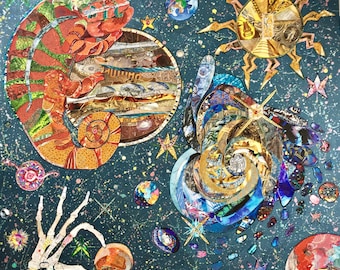 Artwork with planetes and stars. Unique example, dated and signed.