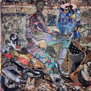Obra de arte con dos mujeres y un gato. Arte callejero moderno. Pieza única.