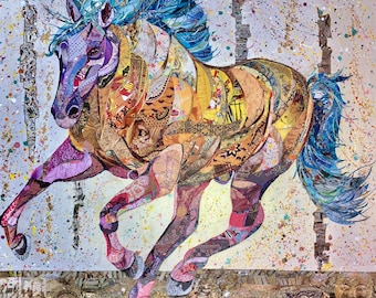 Pintura colorida de um cavalo galopando. Colagem de arte urbana. Peça única, não é uma reprodução.