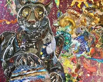 Large colorful artwork with black panther and planetes. Collages done in a Street Art way. Unique example.