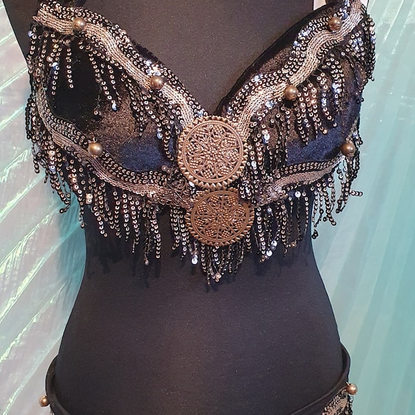 Tribal Fusion Bellydance Costume Dark Style Gothic Mystical Velvet Black Silver Unique Bra Belt Fusion