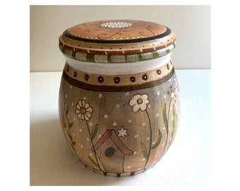 Painted wood vase with glass insert