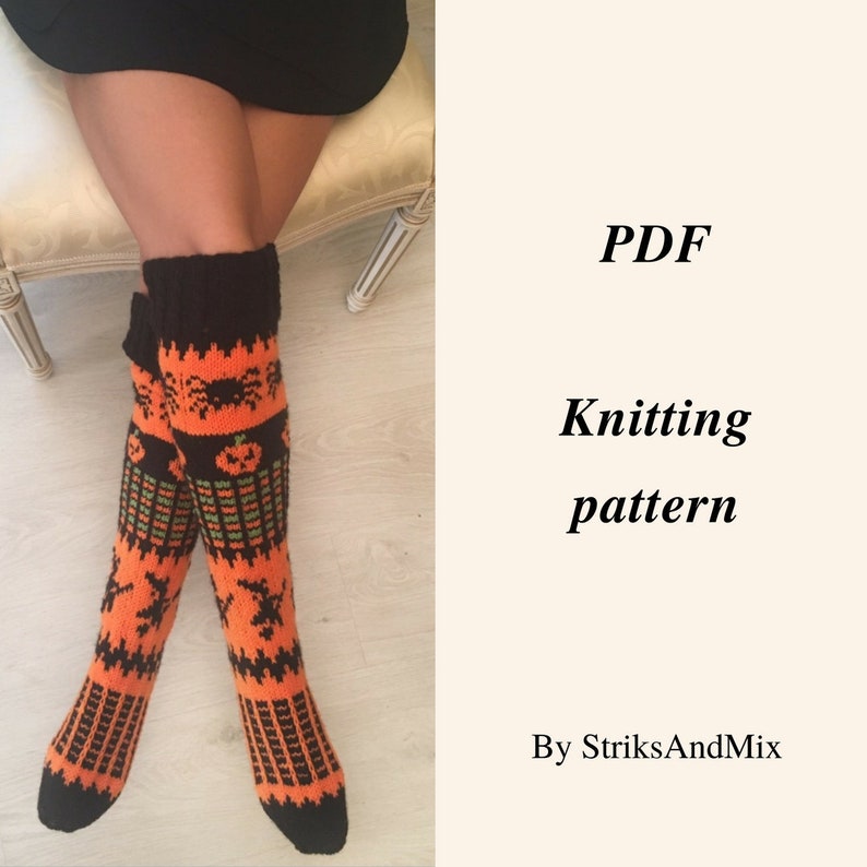 Halloween Woman Knee Socks Pattern, Knitting Pattern, Halloween Costume Pattern, Black and Orange Pumpkin Socks image 2