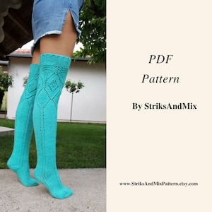 May include: PDF pattern for knitting turquoise thigh-high socks with a diamond lace pattern. The pattern is by StriksAndMix and available on Etsy.