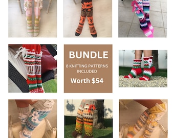 Op de afbeelding: Een collage van acht verschillende breipatronen voor kniekousen. Elke sok heeft een unieke kleurencombinatie en ontwerp, waaronder strepen, geometrische patronen en bloemmotieven. De tekst "BUNDLE 8 KNITTING PATTERNS INCLUDED Worth $54" wordt in het midden van de afbeelding weergegeven.