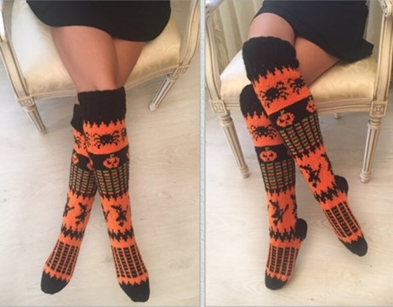 Halloween Woman Knee Socks Pattern, Knitting Pattern, Halloween Costume Pattern, Black and Orange Pumpkin Socks image 3