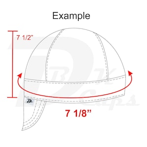 以下が含まれることがあります： 画像の上に「Example」というテキストが書かれた、白黒の頭蓋骨キャップの線画。キャップの高さは7 1/2インチ、幅は7 1/8インチです。