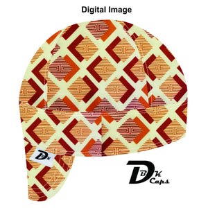 May include: A welding cap with a geometric pattern in cream, orange, and burgundy. The cap features a repeating design of diamond shapes and chevrons. The logo "DK Caps" is visible on the lower right.