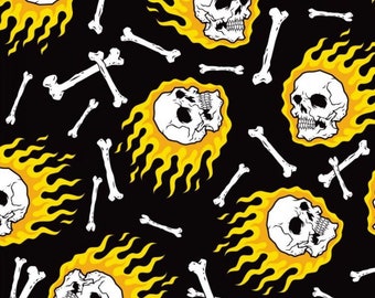 Black Fire Skull Fabric