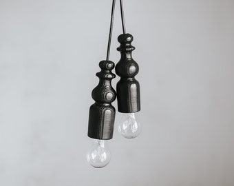 Black Turned Wooden Ceiling Lighting, Wood Pendant Light, Hanging Lamp, Bedroom Hanging Light, Set Of 2, Natural Wood Light Socket Pendant