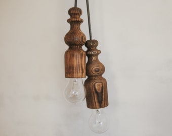 Plafonnier en bois tourné, suspension en bois, lampe suspendue, lampe suspendue pour chambre à coucher, ensemble de 2, suspension de douille en bois naturel