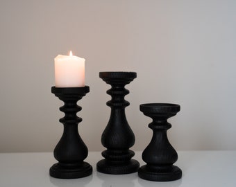 Cool black candle holders set 3 Rustic candle sticks Three wooden decor Centerpiece Turned wood pillars Black wood home design Magic cool