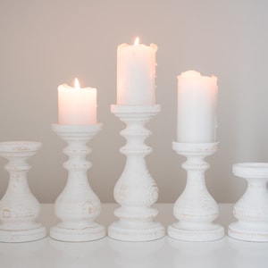 Farmhouse decor White wooden candle pillars Set of five rustic candlesticks Candle holders Wedding decor Handmade wood design  Home decor