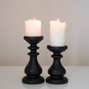 Set of two black wooden candle holder table decor Turned pillar Wood wedding decoration centerpiece Wood gift Beautiful black design home