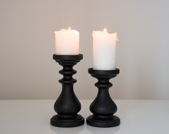 Set of two black wooden candle holder table decor Turned pillar Wood wedding decoration centerpiece Wood gift Beautiful black design home