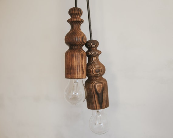 Turned Wooden Ceiling Lighting, Wood Pendant Light, Hanging Lamp, Bedroom Hanging Light, Set Of 2, Natural Wood Light Socket Pendant