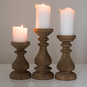 Cool wood color candle holders set 3 Rustic candle sticks Three wooden decor Centerpiece Turned wood pillars table home design Magic cool