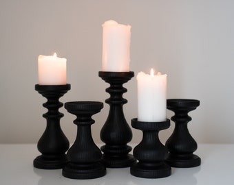 5 black candle holders set Rustic candlesticks Three wooden decor Candle centerpiece Turned wood pillars Black wood home design Magic coool