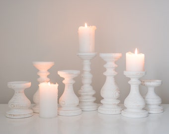 Beautiful white candle holders set of 7 candlesticks Seven wooden pillars Turned wood warmhouse design Magic cool decor Farmhouse decor