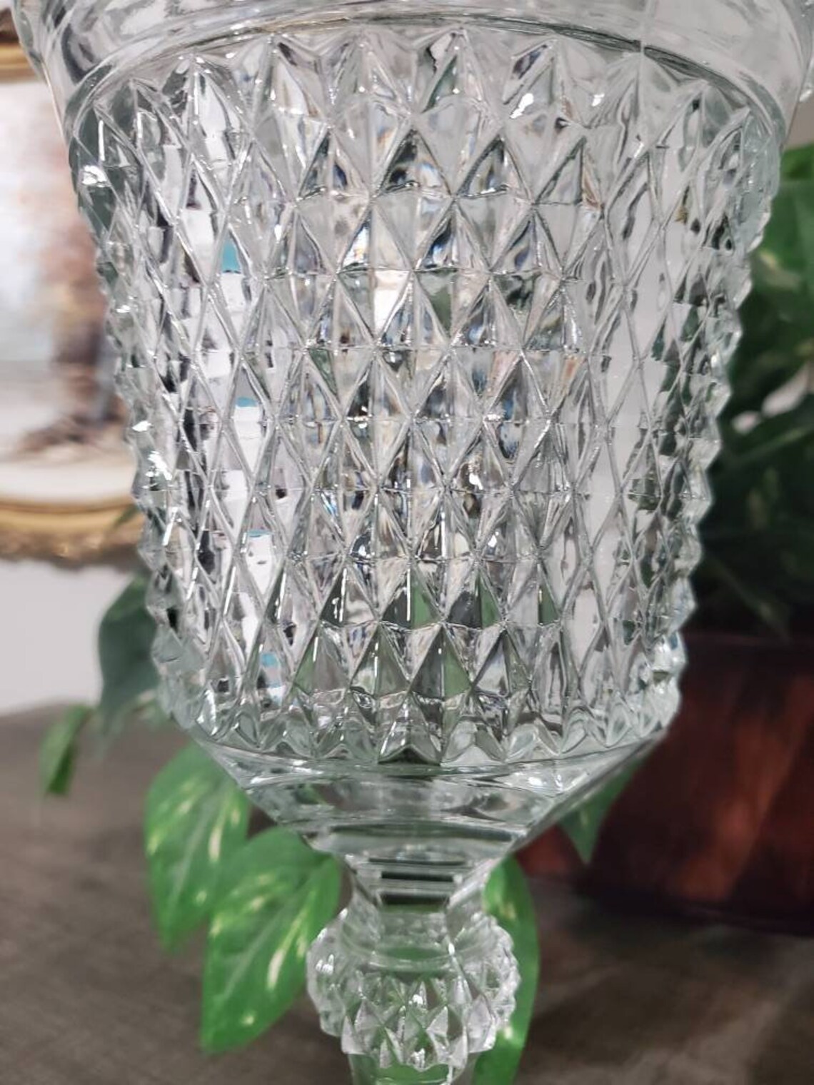 Vintage Indiana Glass Diamond Point Apothecary Jar, Compote, Candy Dish ...